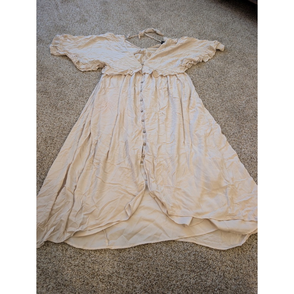 Forever 21 Beige Rayon Gauze Ruffle Button Front Boho Midi Dress Medium